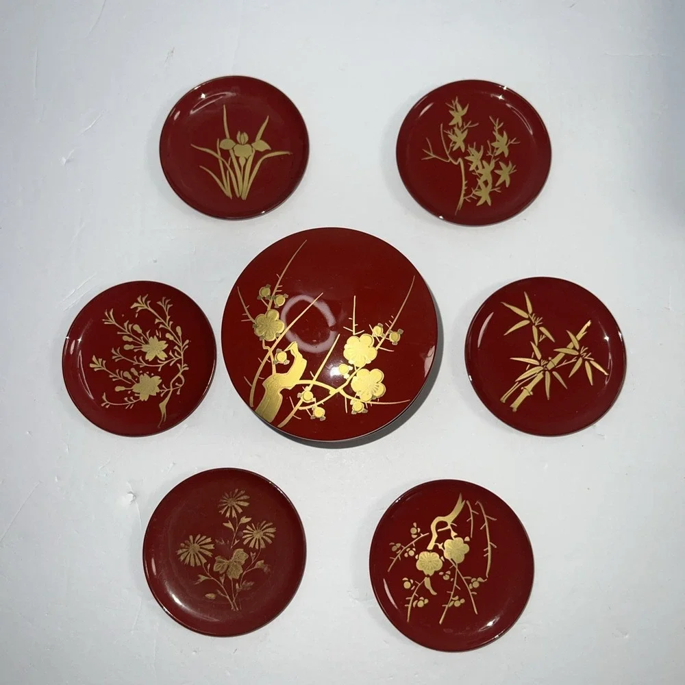 Japanese Lacquer Ware Coaster Set Red Bamboo Motif Box Plus‎ 6 Unique Coasters